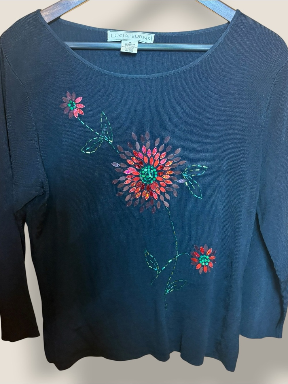 Vintage 90s Lucia Burns Black Beaded Rayon Sequin Floral Knit Top XL